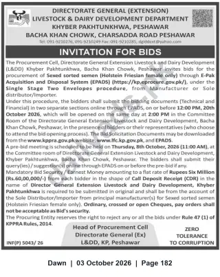 Newspaper clipping: Tender: Procurement of Sexed Sorted Semen (Holstein Friesian Female) — Directorate General (Extension), L&DD KP, Dawn, 03 Oct 2026