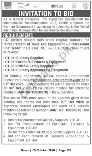Newspaper clipping: Tender: Procurement of Tools & Equipment for Professional Chef Trade (TVET G-230) – GIZ Pakistan, Dawn, 03 Oct 2026