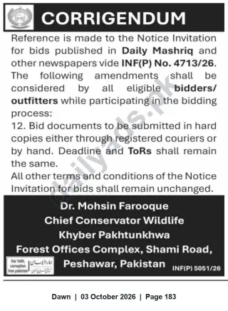 Newspaper clipping: Corrigendum: Hard-Copy Submission Requirement for INF(P) No. 4713/26 Bids — Khyber Pakhtunkhwa Wildlife, Dawn, 03 Oct 2026