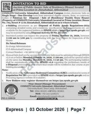 Newspaper clipping: Auction: COMSATS Abbottabad — Sale of House No. 194, Jinnahabad, Express, 03 Oct 2026