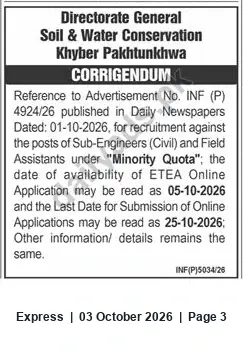 Newspaper clipping: DG Soil & Water Conservation Khyber Pakhtunkhwa — Corrigendum: Sub-Engineers (Civil) & Field Assistants Recruitment (ETEA Dates Revised), Express, 03 Oct 2026