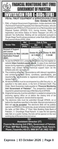 Newspaper clipping: FMU Pakistan invites e-Bids for Renewal of Web Application Firewall (WAF) Support & License, Express, 03 Oct 2026