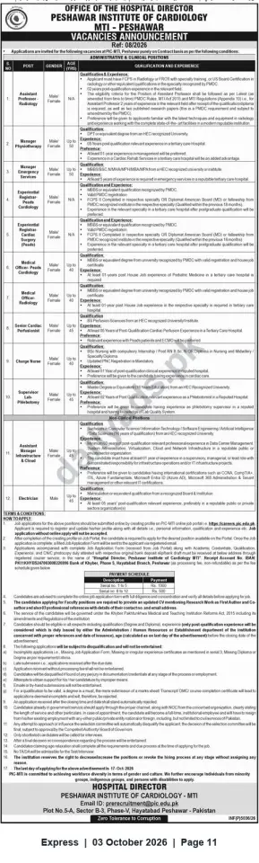 Newspaper clipping: Peshawar Institute of Cardiology (PIC) MTI — Multiple Clinical & Non-Clinical Vacancies (Apply by 2026-10-17), Express, 03 Oct 2026