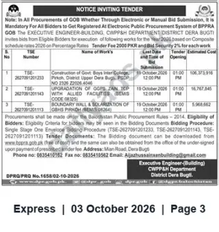 Newspaper clipping: Tender Notice — Executive Engineer (Building), CWPP&H Dept, Dera Bugti — Works 2026, Express, 03 Oct 2026