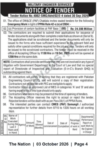 Newspaper clipping: MES Tender: Provision of Facilities at PAF Base (Tender No. 4062-SMG) — Rs. 24.598 Million, The Nation, 03 Oct 2026