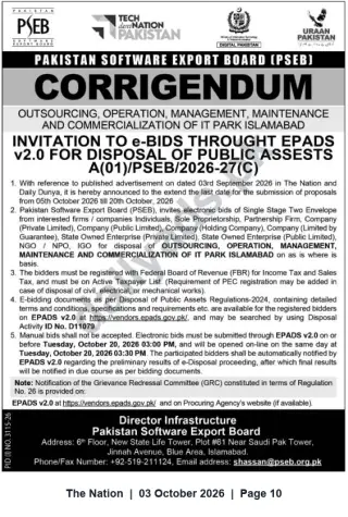Newspaper clipping: PSEB Corrigendum: e-Bids Invited for Disposal, Operation and Commercialisation of IT Park Islamabad — Deadline 2026-10-20, The Nation, 03 Oct 2026