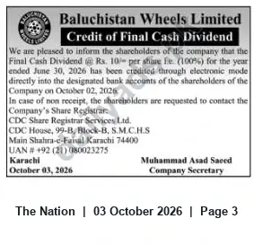Newspaper clipping: Baluchistan Wheels Limited credits final cash dividend of Rs.10 per share (100%) for year ended 30 June 2026, The Nation, 03 Oct 2026