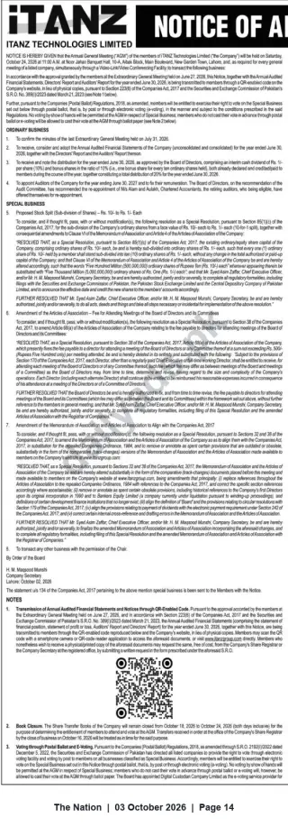 Newspaper clipping: iTANZ Technologies Limited — Notice of Annual General Meeting on 2026-10-24, The Nation, 03 Oct 2026