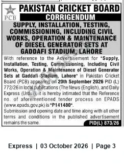Newspaper clipping: PCB Corrigendum: Diesel Generator Sets Tender for Gaddafi Stadium, Lahore — EPADS Ref P141480, Express, 03 Oct 2026