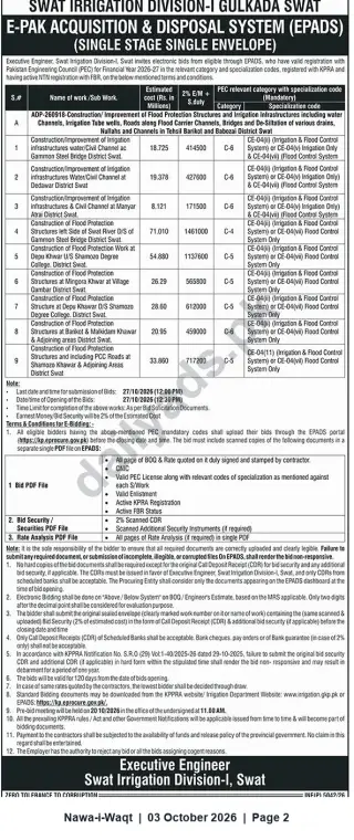 Newspaper clipping: EPADS Tender: Flood Protection & Irrigation Works — Swat Irrigation Division‑I (Closing 2026-10-27), Nawa-i-Waqt, 03 Oct 2026