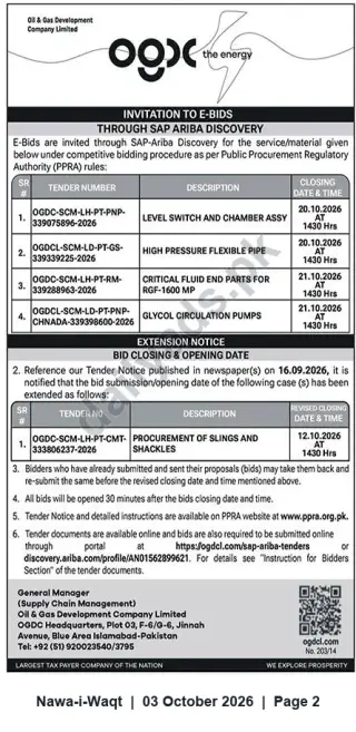 Newspaper clipping: OGDCL Invitation to E‑Bids via SAP Ariba — Multiple Tenders & Extension Notice, Nawa-i-Waqt, 03 Oct 2026