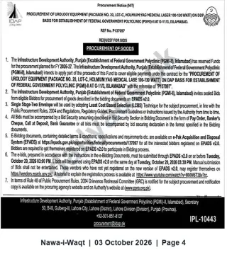 Newspaper clipping: Tender for Holmium:YAG Medical Laser (100–130 W) for Federal Government Polyclinic (PGMI-II), Islamabad — Ref P137097, Nawa-i-Waqt, 03 Oct 2026