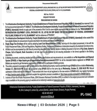 Newspaper clipping: Tender: Refrigeration Equipment (Package No. 28, Lot-B) for Federal Government Polyclinic (G-11/3 Islamabad), Nawa-i-Waqt, 03 Oct 2026