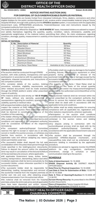Newspaper clipping: DHO Dadu Auction: Disposal of Old/Unserviceable/Surplus Material — EPADS E-Auction (15 Oct 2026), The Nation, 03 Oct 2026