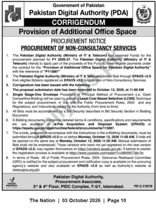 Newspaper clipping: Pakistan Digital Authority Corrigendum: Procurement for Provision of Additional Office Space (Non‑Consultancy Services), The Nation, 03 Oct 2026