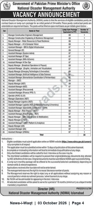 Newspaper clipping: NDMA Islamabad — Vacancy Announcement for 33 Contract Positions (Lump‑Sum, 24 Months), Nawa-i-Waqt, 03 Oct 2026