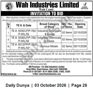 Newspaper clipping: Wah Industries Limited Invitation to Bid — Industrial Chemicals, Gases & Ferrous Metals (Oct–Nov 2026), Dunya, 03 Oct 2026