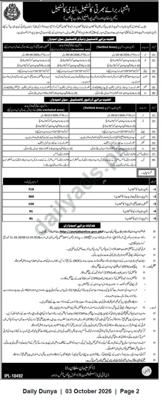 Newspaper clipping: Punjab Police Lady Constable Recruitment 2026 — Apply Online, Dunya, 03 Oct 2026