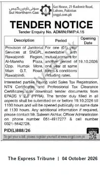 Newspaper clipping: SNGPL Rawalpindi Tender: Provision of Janitorial Services (1 Year, extendable) — ENQ No. ADMIN:RWP:4.15, The Express Tribune, 04 Oct 2026