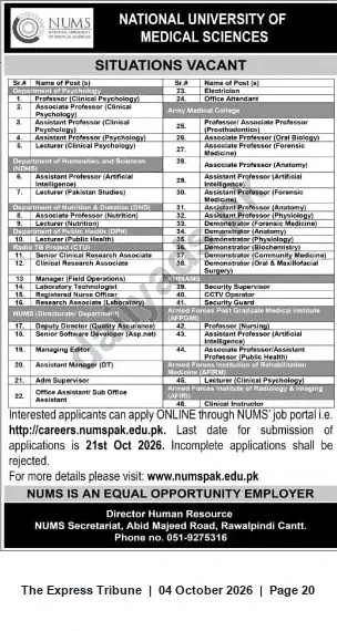 Newspaper clipping: NUMS Recruitment — Multiple Faculty & Staff Positions (Apply by 2026-10-21), The Express Tribune, 04 Oct 2026