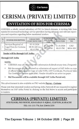 Newspaper clipping: Cerisma (PSO) Invites Bids for Legal Services — Tender via SAP Ariba, The Express Tribune, 04 Oct 2026