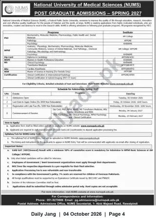 Newspaper clipping: NUMS Postgraduate Admissions Spring 2027 — Apply by 2026-10-30, Jang, 04 Oct 2026