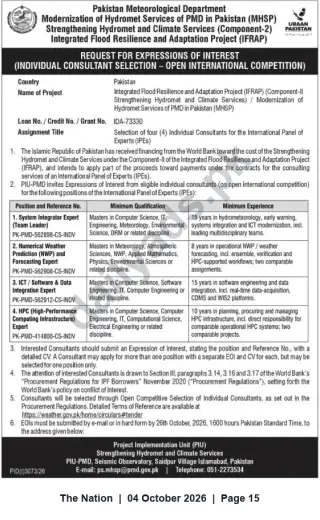 Newspaper clipping: Pakistan Meteorological Department — EOIs for Four International Individual Consultants (IFRAP/MHSP), The Nation, 04 Oct 2026