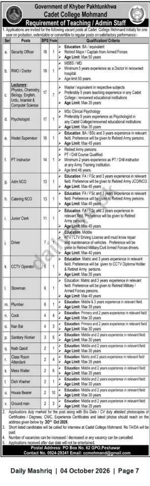 Newspaper clipping: Cadet College Mohmand Recruitment 2026 — Teaching & Administrative Staff (Khyber Pakhtunkhwa), Daily Mashriq, 04 Oct 2026