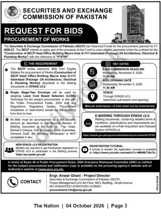 Newspaper clipping: SECP Request for Bids — Construction of SECP Head Office Building, Mauve Area G-11/1 Islamabad (Package 2A: Architecture, Electrical & Plumbing), The Nation, 04 Oct 2026