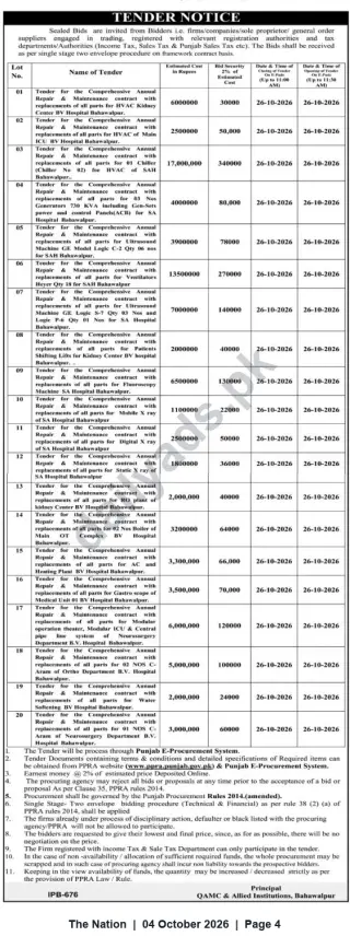 Newspaper clipping: Tender Notice: Comprehensive Annual Repair & Maintenance Contracts — QAMC & Allied Institutions, Bahawalpur, The Nation, 04 Oct 2026