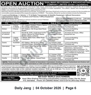 Newspaper clipping: Open Auction — Shalimar Recording & Broadcasting Company Ltd. Assets in Multiple Cities (Oct 2026), Jang, 04 Oct 2026