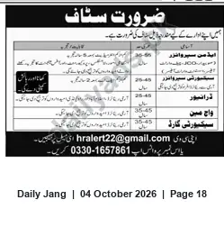 Newspaper clipping: Staff Required — Security-Related Positions (Contact: hralert22@gmail.com), Jang, 04 Oct 2026