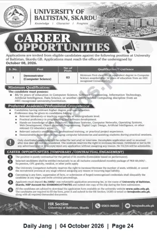 Newspaper clipping: University of Baltistan, Skardu — Demonstrator (Computer Science) | 3 Contract Positions (6 months), Jang, 04 Oct 2026