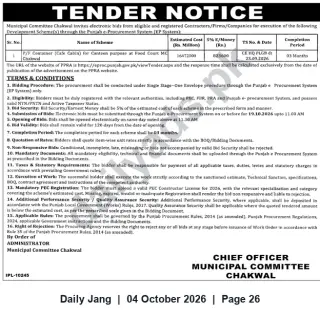 Newspaper clipping: Municipal Committee Chakwal Tender: Cafe Cabin (Food Court) — Closing 2026-10-19, Jang, 04 Oct 2026