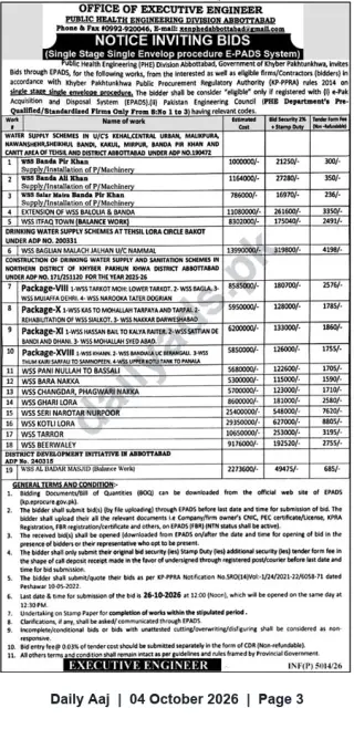 Newspaper clipping: Public Health Engineering Division Abbottabad — Notice Inviting Bids for 18 Water Supply Schemes (e-PADS), Daily Aaj, 04 Oct 2026