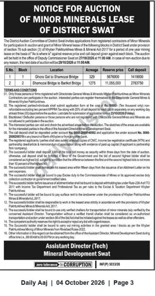 Newspaper clipping: Auction Notice — Minor Minerals Leases, District Swat (Ghora Gat & Shamozai Blocks), Daily Aaj, 04 Oct 2026