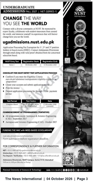Newspaper clipping: NUST Undergraduate Admissions Fall 2027 (NET Series‑1) — Apply at ugadmissions.nust.edu.pk, The News International, 04 Oct 2026
