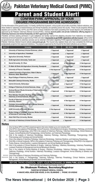 Newspaper clipping: PVMC Alert: Verify Approval of Veterinary Degree Program Before Admission, The News International, 04 Oct 2026