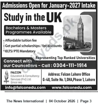 Newspaper clipping: Admissions Open Jan 2027 — Study Bachelors & Masters in the UK | Falcon Education & Consultancy, The News International, 04 Oct 2026