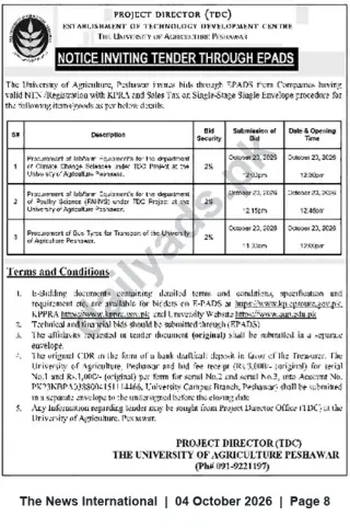 Newspaper clipping: Tender Notice: Procurement of Lab Instruments, Lab Equipment & Bus Tyre — University of Agriculture Peshawar (TDC), The News International, 04 Oct 2026