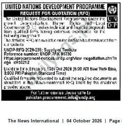 Newspaper clipping: UNDP Pakistan RFQ PAK 01792 — Supply of Toilets (UNDP-RFQ.2.26-238), The News International, 04 Oct 2026