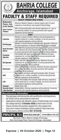 Newspaper clipping: Bahria College Anchorage Islamabad — Faculty & Staff Vacancies (Apply by 2026-10-12), Express, 04 Oct 2026