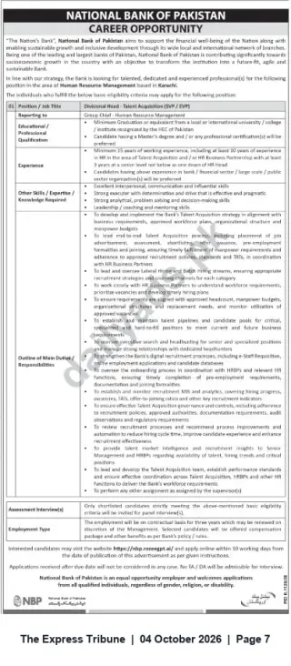 Newspaper clipping: National Bank of Pakistan — Divisional Head, Talent Acquisition (Human Resources) — Karachi, The Express Tribune, 04 Oct 2026