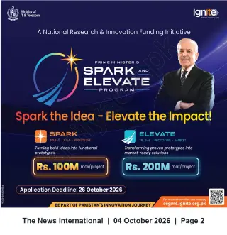 Newspaper clipping: Prime Minister's Spark & Elevate Program — Research & Innovation Funding (Apply by 26 Oct 2026), The News International, 04 Oct 2026