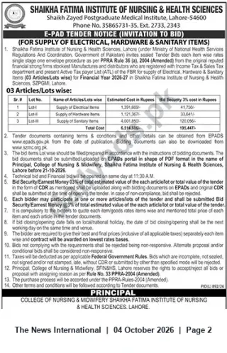 Newspaper clipping: E-PAD Tender: Supply of Electrical, Hardware & Sanitary Items — Shaikha Fatima Institute of Nursing & Health Sciences, The News International, 04 Oct 2026