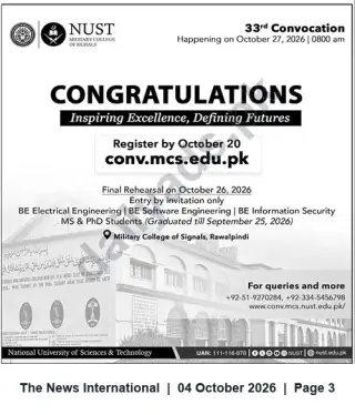 Newspaper clipping: NUST Military College of Signals — 33rd Convocation (Register by 2026-10-20), The News International, 04 Oct 2026