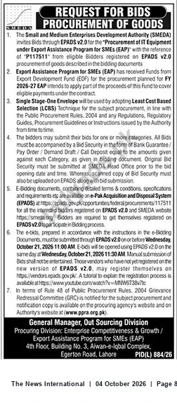 Newspaper clipping: SMEDA Request for Bids: Procurement of IT Equipment (Ref. P117551), The News International, 04 Oct 2026