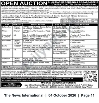 Newspaper clipping: Open Auction — Shalimar Recording & Broadcasting Company (SRBCL) Assets Across Pakistan, The News International, 04 Oct 2026