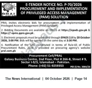 Newspaper clipping: PRAL E-Tender: Procurement & Implementation of Privileged Access Management (PAM) Solution, The News International, 04 Oct 2026