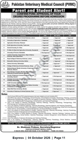 Newspaper clipping: PVMC Alert: Verify PVMC Approval of DVM, MS/MPhil and PhD Programs Before Admission, Express, 04 Oct 2026